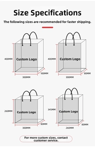 Size chart for brown kraft paper gift bags with handles in four different dimensions