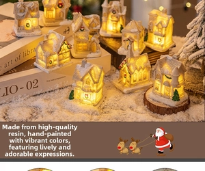 Detailed macro of hand-painted resin LED Christmas miniature village buildings with warm light