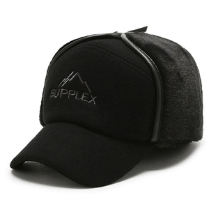 Winter thermal baseball cap with ear flaps and Supplex mountain embroidery in black