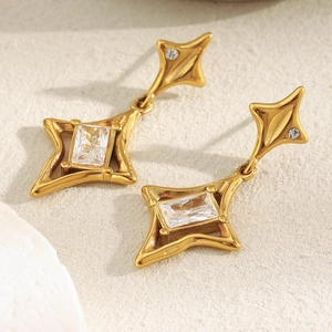Minimalist 18K gold-plated stainless steel star pendant earrings with clear zircon stones