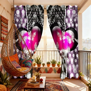 Detail of purple glowing hearts and butterfly pattern on blackout eyelet curtains