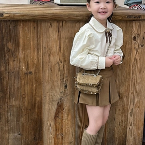 Chic sequined mini crossbody bag for kids with fringe trim and metallic chain strap
