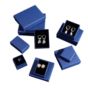 Dark blue linen textured jewelry gift boxes with black sponge inserts in multiple sizes