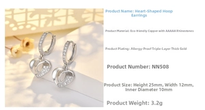 Detail view of heart-shaped hoop earrings showing dimensions and zircon inlay details