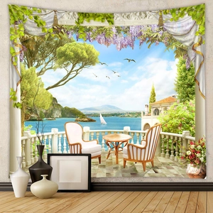 Detailed view of Mediterranean tapestry with purple wisteria and sea view balcony on wall