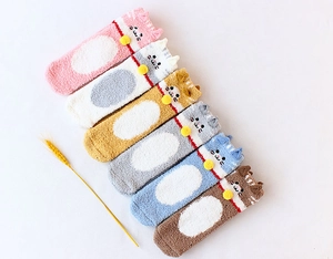 Set of six colorful coral fleece socks with cat ears, cat faces and bell decorations
