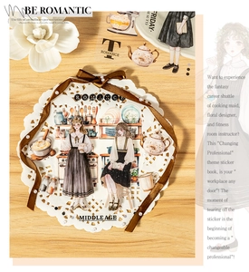 Flat lay of vintage career-themed decorative stickers for journaling on wooden background