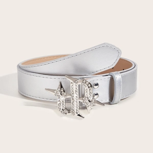 American retro belt with rhinestone TR star buckle on black PU leather strap