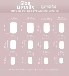 Größentabelle für kurze eckige Kunstnägel mit 12 verschiedenen Maßen von 6,89 bis 13,48 mm
