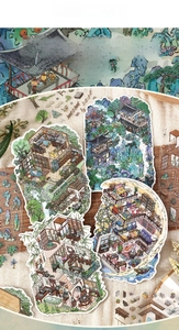 Detail of isometric hand-drawn cottage stickers featuring classic Chinese and Japanese interiors