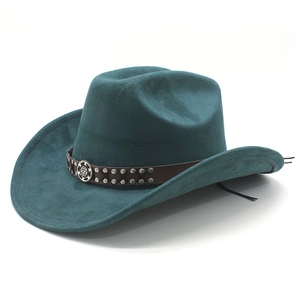 Peacock blue western cowboy felt hat with brown leather band and metallic accents