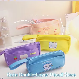 Cute Cartoon Canvas Pencil Case Large Capacity Double Layer Stationery Bag With Handle For Students Aesthetic