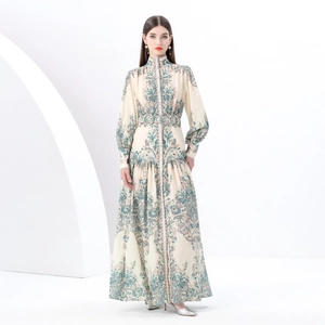 Women Vintage Paisley Printed Maxi Dress Elegant Stand Collar Lantern Sleeve Long Polyester Gown With Belt