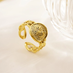 Golden sunburst coin Cuban link open ring in vintage style for women