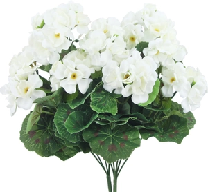 Detailed close-up of realistic white silk geranium bouquet with green foliage and petals