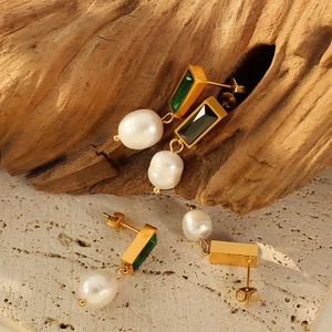 Vintage style gold earrings with green and black zircons and natural freshwater pearls