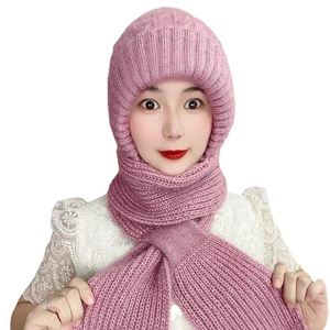 Cozy pink hooded knitted scarf hat for women with warm fleece lining for winter wear