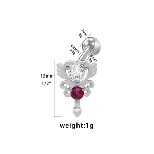 Piercing ombelico cuore alato argento con cristalli rosa e chiari per gioielli da corpo