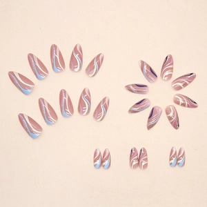 Set of 24 almond press-on nails with blue and purple fluid swirl art and silver glitter