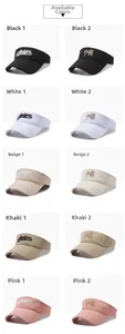 Selection of open top sun visors in black white beige pink and khaki with embroidery