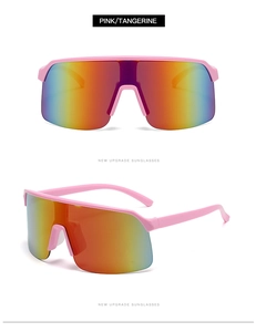 Pink sports sunglasses with tangerine mirrored lenses and lightweight semi-rimless frames
