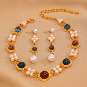 Vintage double layer necklace and earrings set with colorful gemstones and pearls