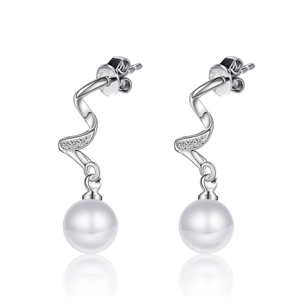 Elegant long spiral pearl earrings with diamond accents and silver plating on white base