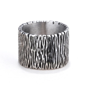 Vintage silver wide band ring with rugged bark texture finish in stainless steel