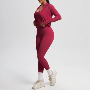 Three-piece red yoga set featuring a zip-up jacket, sports crop top, and high-waisted leggings