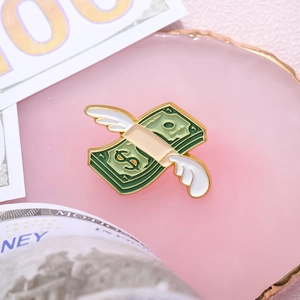 Creative flying money enamel brooch with green dollar bill design and golden wings