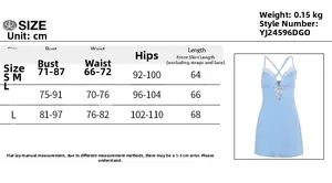 Size chart for the light blue V-neck lace mini dress with specific S M L dimensions