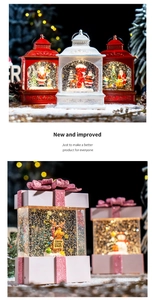 Close-up of vintage Christmas lanterns and gift box snow lamps with festive figures