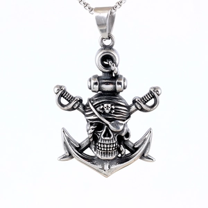 Retro stainless steel pirate anchor necklace featuring skull and double swords design