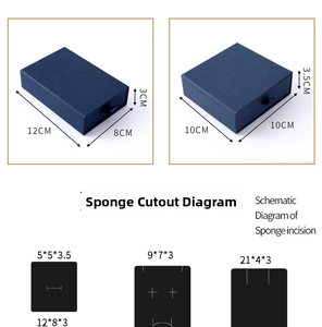 Detailed diagram of blue drawer gift box with diverse sponge inserts for jewelry