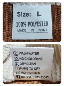 Detail view of the collar tag showing size L and 100% polyester washing care instructions