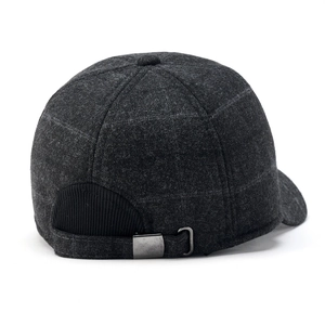Detailed back view of winter wool baseball cap featuring ear protection and metal buckle