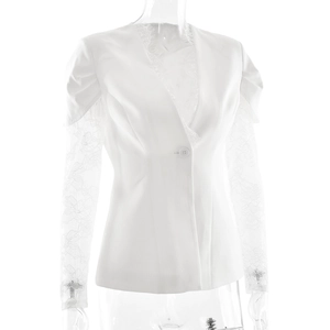 Detail of elegant white blazer featuring sheer lace sleeves and eyelash lace trim on V-neckline