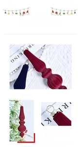 Detail of red and navy flocked velvet cone Christmas ornaments with silver hangers