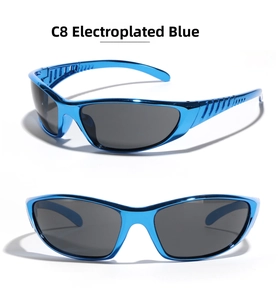 Detail view of electroplated blue metallic Y2K sunglasses with dark grey protective lenses