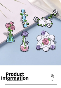 Macro shot of chemistry beakers and atom models with delicate flowers enamel pin badges