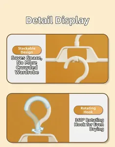 Detail of white pants hanger with 360 degree rotating hook and stackable space saving design