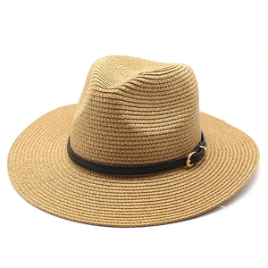 Classic khaki straw jazz hat with black leather belt buckle shown in a top view