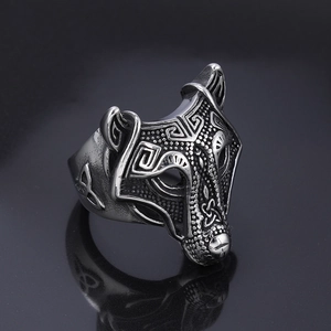 Vintage stainless steel wolf head ring with Nordic viking patterns in a silver finish
