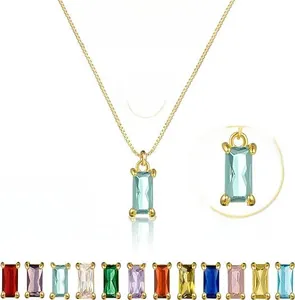 Detailed view of 14K gold birthstone necklace with pendant dimensions and colorful options