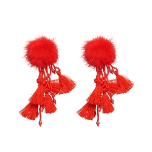 Elegant red pom-pom earrings with crystal tassels in a bohemian festive design