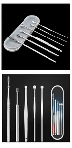 Detailed view of 6-piece stainless steel earwax removal kit with a plastic storage case