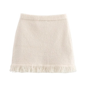Off-white wool knit mini skirt featuring textured fringe trim and elastic waist for women