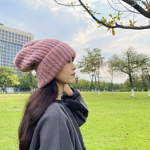 Thick chunky knit beanie in mauve purple with rolled edge for women winter fashion