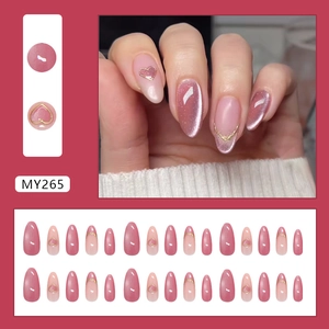 3D gold heart purple cat-eye press-on nails in long almond shape, 24-piece full set
