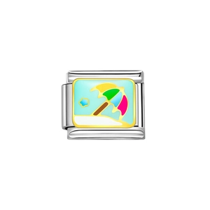 Italian modular charm link in silver stainless steel with colorful beach umbrella design